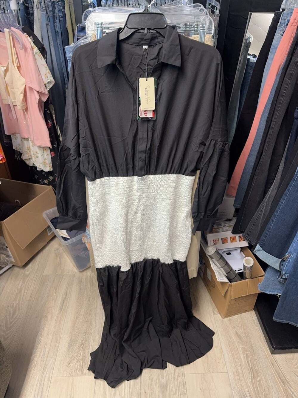 Womens Puff Long Sleeve Shirt Dress Elegant Button Down Black Party Maxi Dress